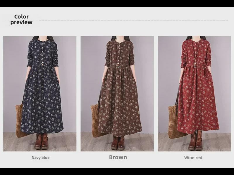 Women's Retro Floral Velvet-Lined Cotton Linen Dress - Round Neck, Long Sleeves, Loose Fit for Autumn/Winter 2023.
