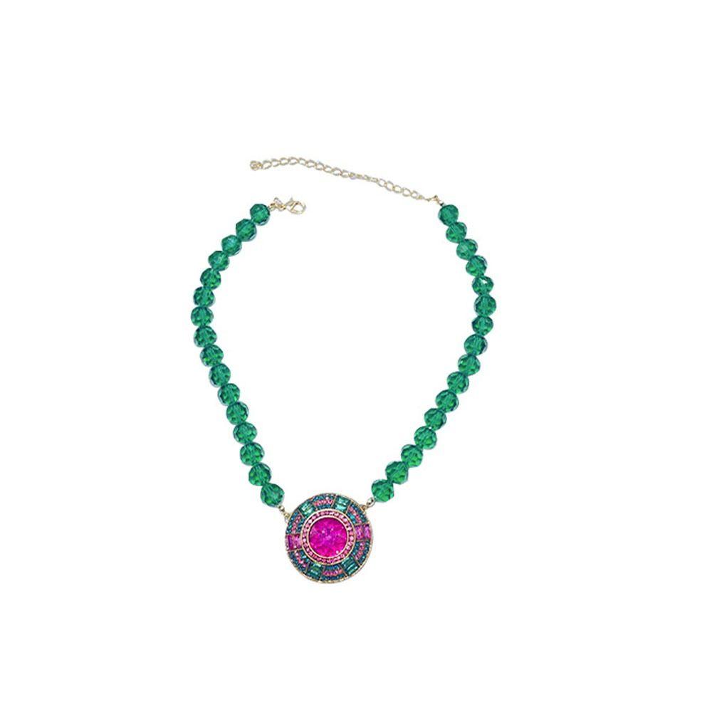 Pink And Green Round Stud Earrings Retro Fashion Pendant Green Crystal Necklace Wedding Party