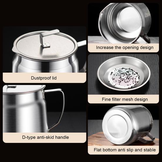 Bacon Grease Container with Strainer And Lid 1.5/2L Stainless Steel Container for Frying Oil Storage Pot Fat Storage Easy-Grip Handle