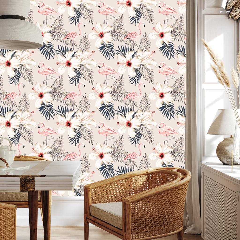 Flamingos, leaves and flowers wallpaper for living room and bedroom 50x1000