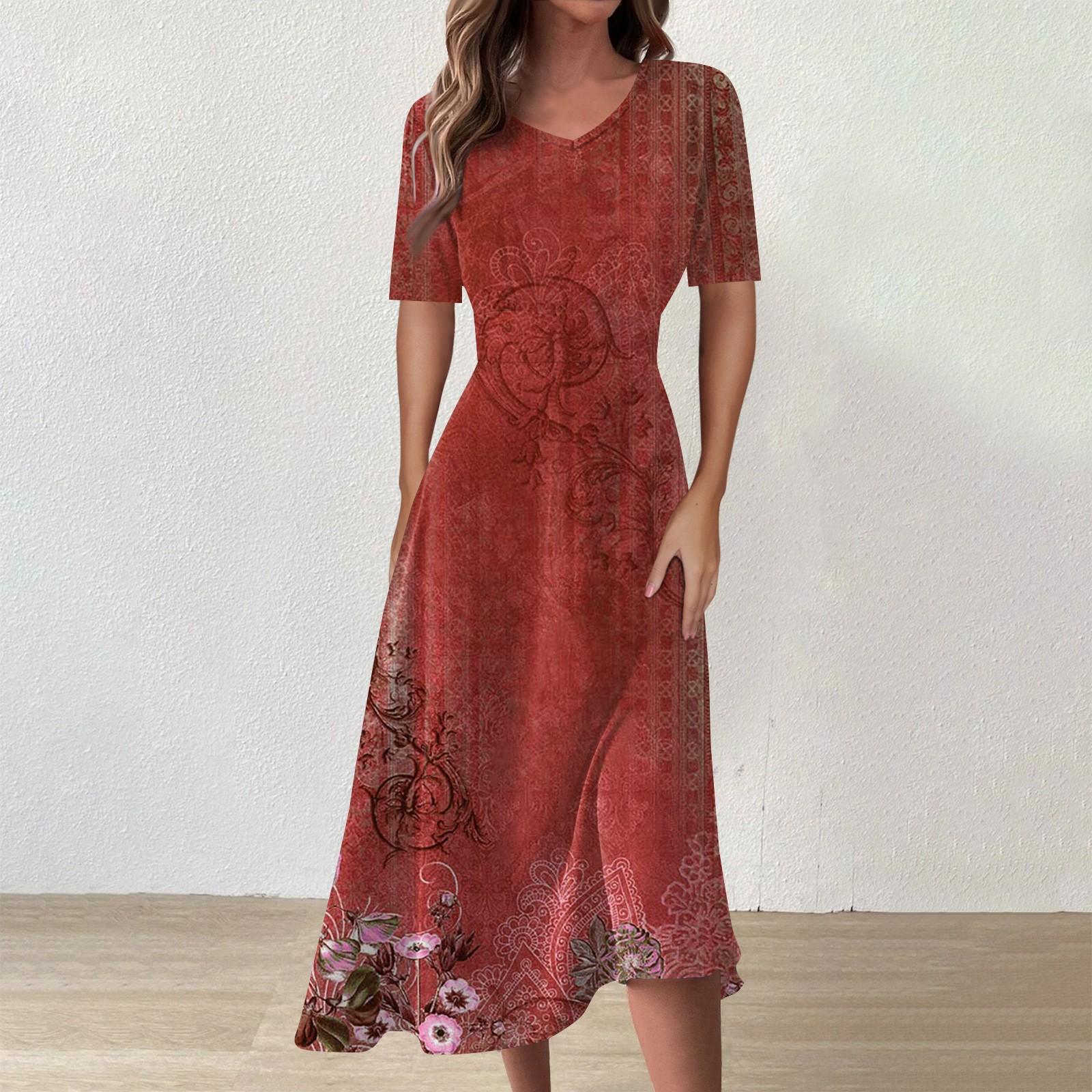 

Жіноча повсякденна модна довга широка сукня з V-подібним вирізом і короткими рукавами з талією з квітковим принтом M червоний