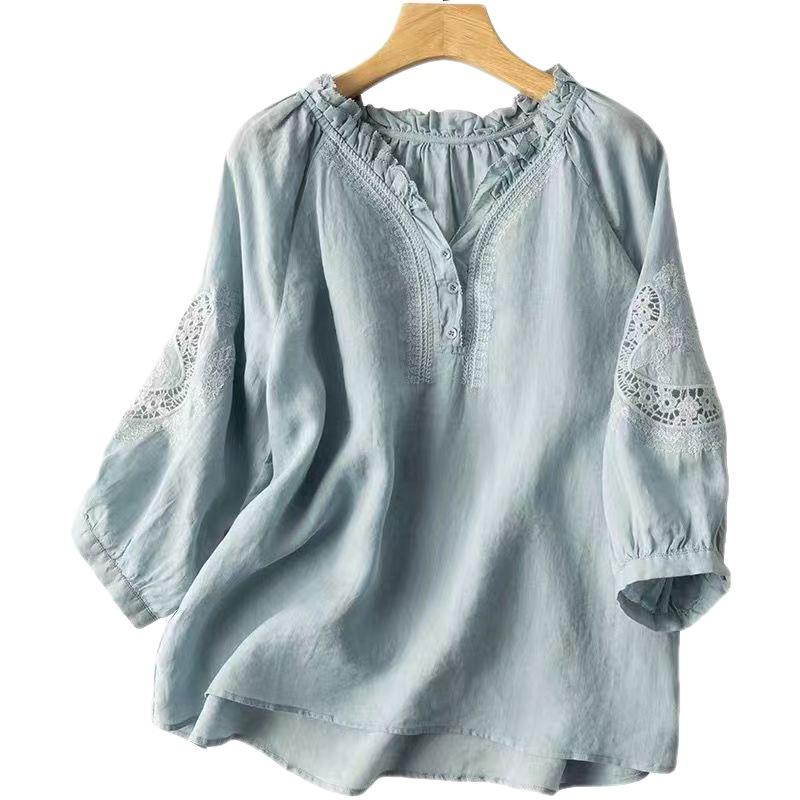 Sommer Dame Retro Brodert Topp Casual V-hals 3/4 Erme Blonder Patchwork Løs Bluse