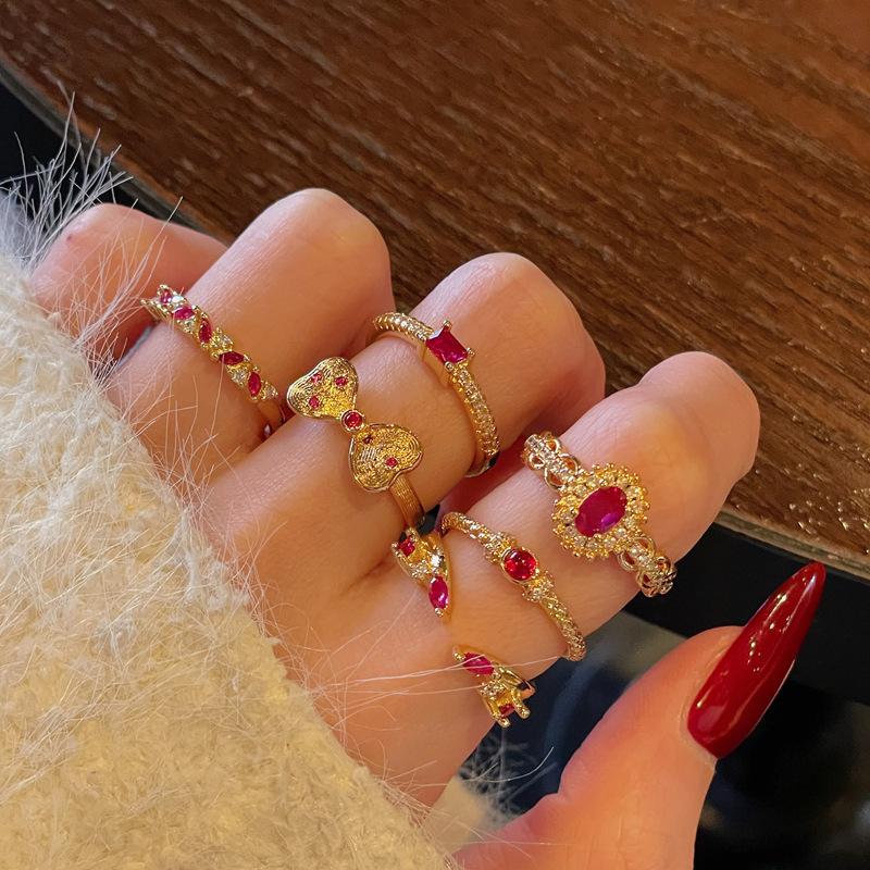 Medieval Retro Fashion Gold Open Ring Niche Red Zircon Personality Light Luxury High-End Accessories Women