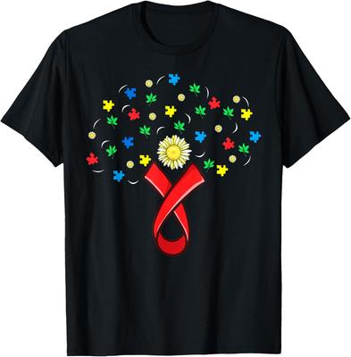 Autismus Bewusstsein Schleife Sonnenblume Puzzle Blätter Grafik T-Shirt Baumwolle Lässig Kurzarm T-Shirt für Männer Frauen