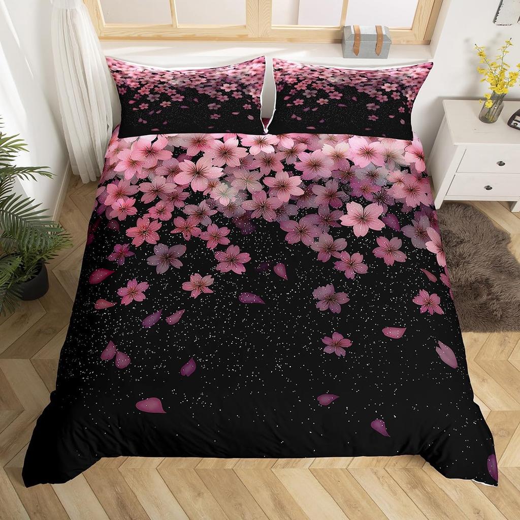 Cherry Blossoms Bedding Set for Boys Girls Japanese Style Floral Botanical Comforter Cover Twin King Sakura Flower Duvet Cover