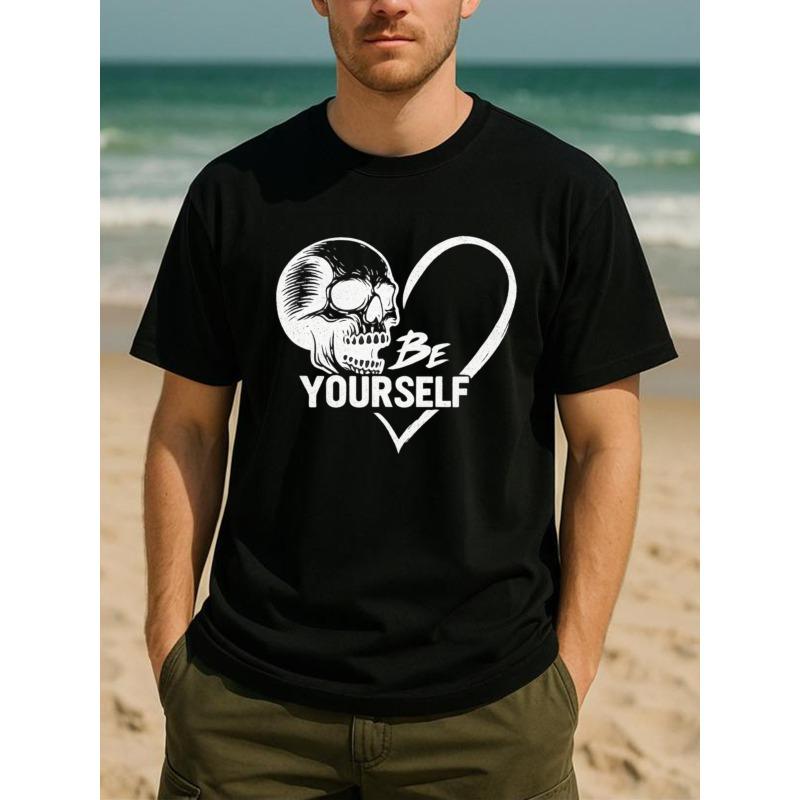 

European Size Men s Gothic Skull & Heart Print T-Shirt, Breathable Quick-Dry Fabric, Loose Fit Casual & Party Wear, Round Neck Short Sleeve Tee 4XL чорний