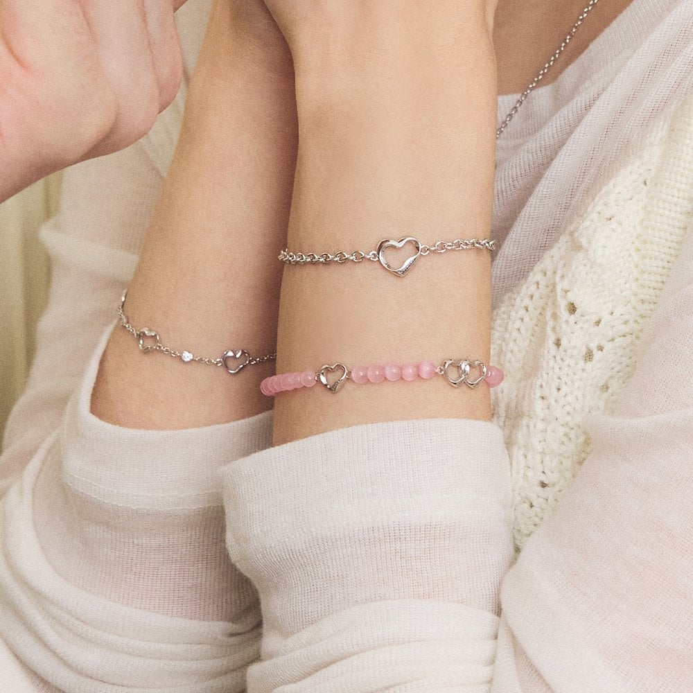 [Rosemont] Silver Pink Cat's Eye Bead Bracelet Deer Heart Ra25C07A