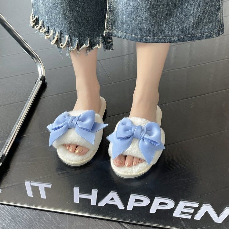 2025 Autumn and Winter Girl's Heart Bow Fluffy Slippers Women's Home Non-slip Cute Gentle Cotton Slippers