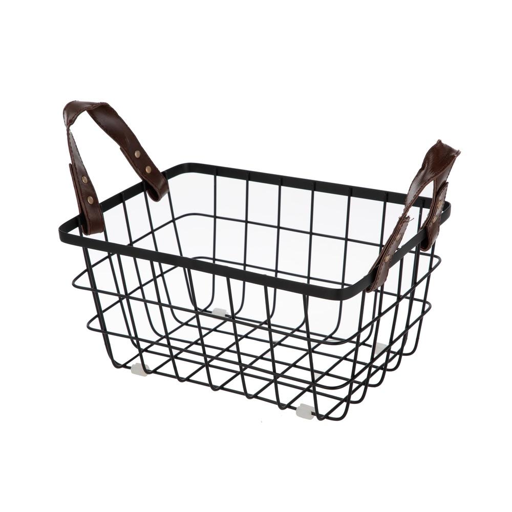 2-Pack Wire Basket Organizers with Faux Leather Handles Stackable Rectangular Storage Baskets Bathroom Kitchen Home Office