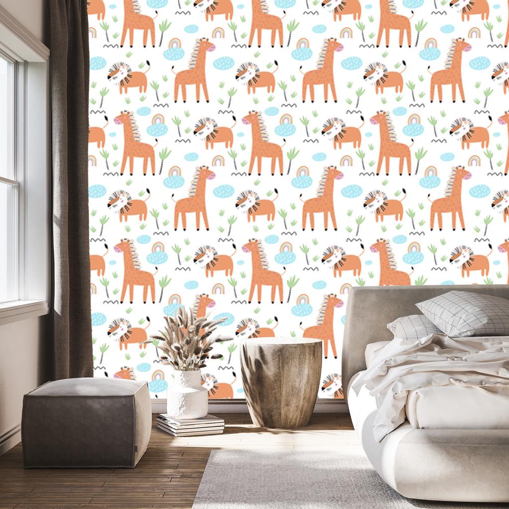 Wallpaper Safari Animals Lions Rainbows for Living Room and Bedroom 50x1000