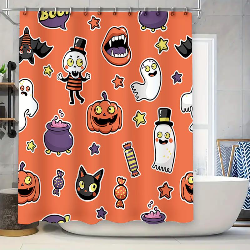 Halloween Shower Curtain with Ghosts Candy Orange Decorative Bath Mat 3D Printed Fabric Home Supplies for Children's Room Decora