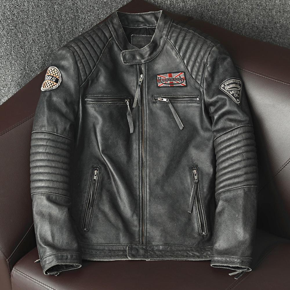 Fashion Biker Jackets Vintage Men's Genuine Leather Jacket Slim 100% Natural Cowhide Coat Real Leather Motorcycle Biker Clothing