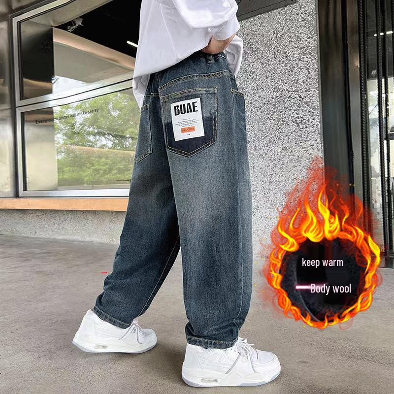 Boys' Velvet-Lined Jeans for Autumn/Winter - Medium/Large Children's One-Piece Long Pants