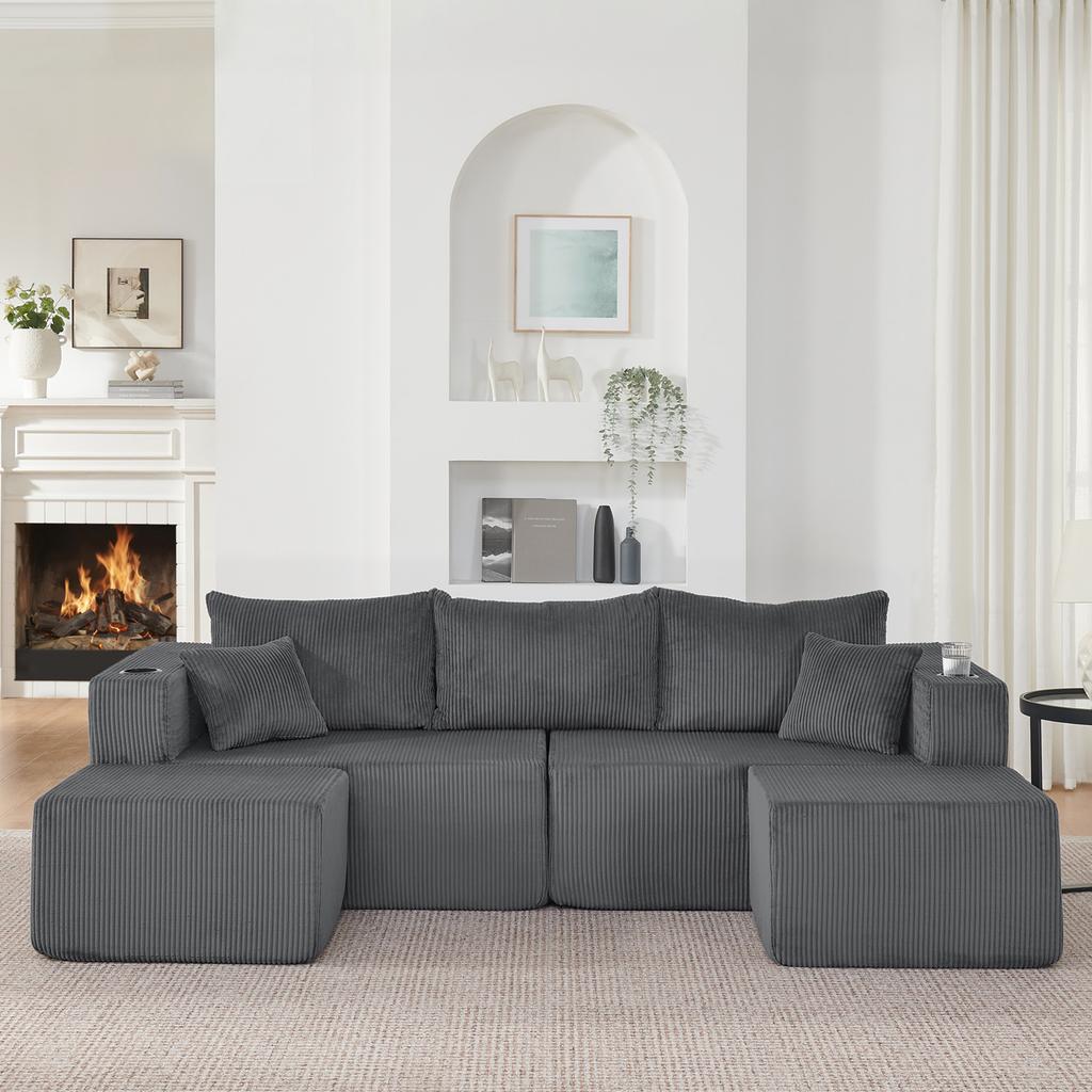 3-Seater Corner Sofa, L-Shaped with Movable Ottomans, Corduroy, Cup Holder, Side Pocket and Cushions, for Living Room, Hotels and Apartments, Gray