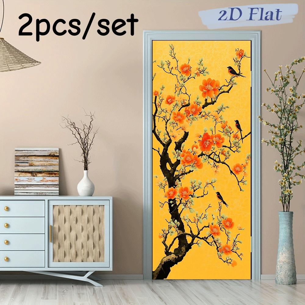 2pcs Chinese style plum blossom magpie wall stickers New Year and Spring Festival decoration stickers Living room entrance backg (as the picture,38.5x200cmx2)