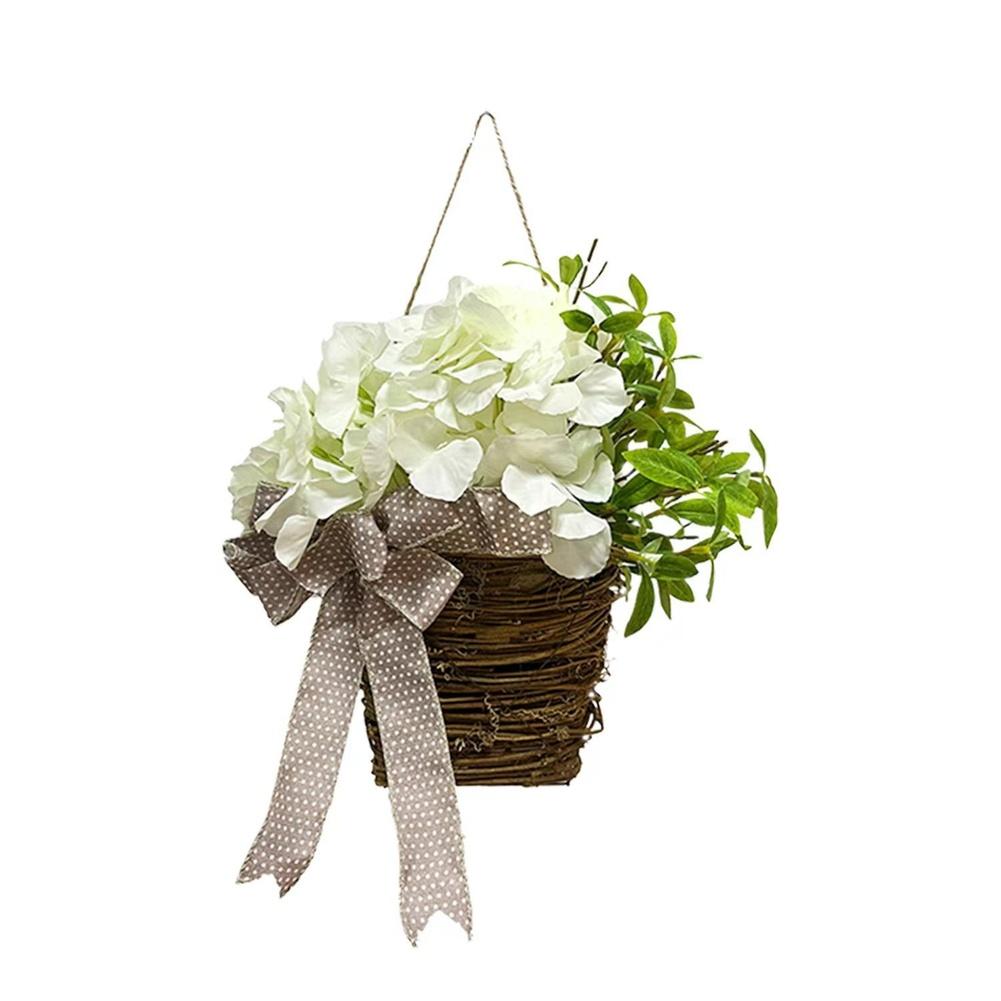 Spring Artificial Hydrangea Flower Basket with Rattan Embroidery Ball for Farmhouse Front Door or Garden Decoration
