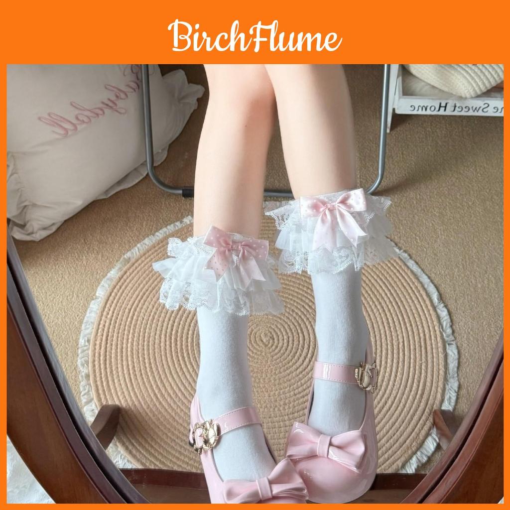 Lolita Cotton Socks With Polka Dot Bow Lace For Girls Spring Summer