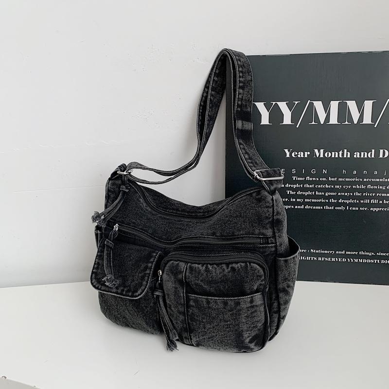 Multi-Pocke Crossbody Bag Denim Commuter Tote Bag Women Large Capacity Messenger Bag