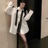 Women's White Tie Long Sleeve Mid-Length Casual Shirt – Spring/Autumn Loose Style