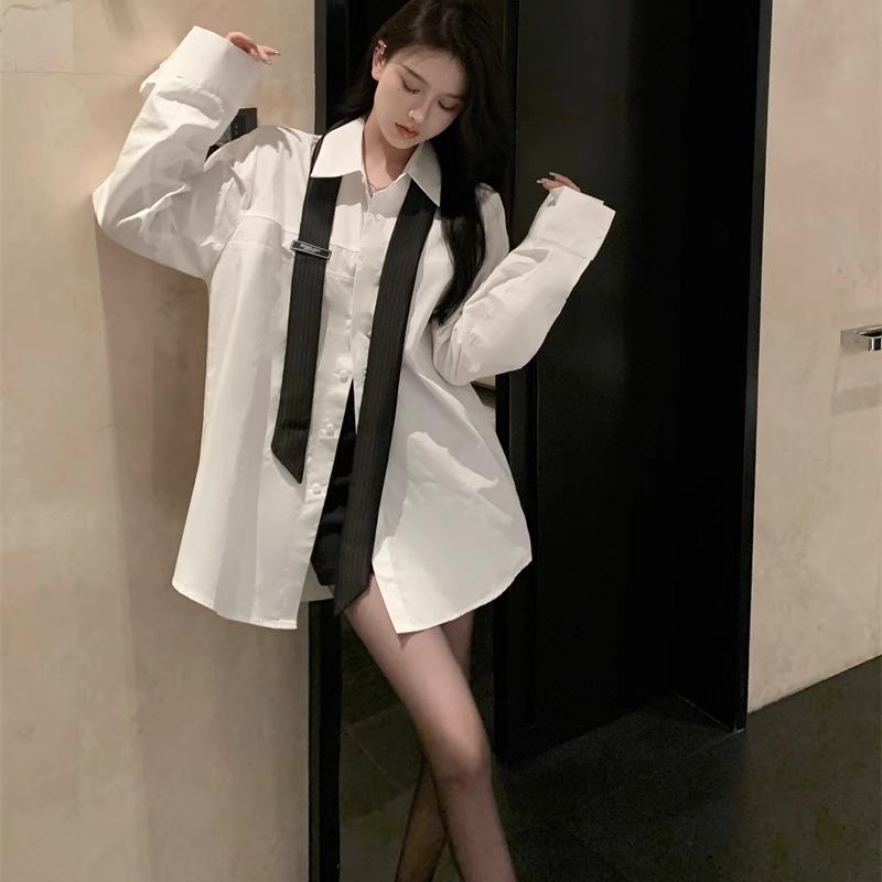 Women's White Tie Long Sleeve Mid-Length Casual Shirt – Spring/Autumn Loose Style