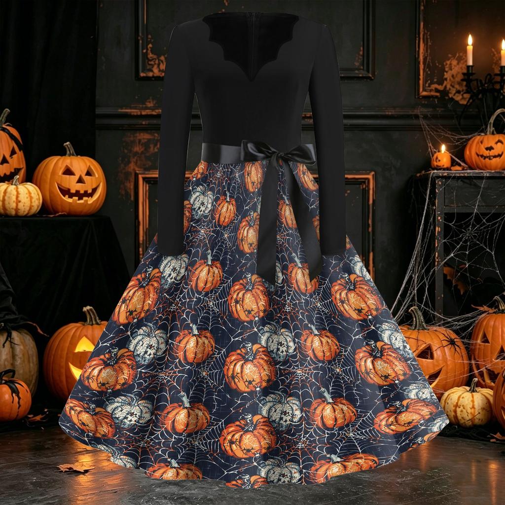 Women's Long Sleeve V Neck Vintage Style Dress with Halloween Print Casual Retro Fit and Flare Midi Dress with Waist Tie for Everyday Wear