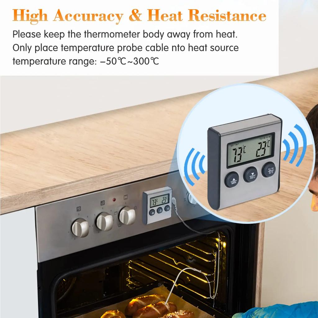 Professional Digital Kitchen Thermomete Cooking Meat Food Thermometers with Alam,Timer 304 Stainless Steel Probe for BBQ,Liquids