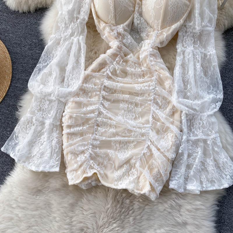 Frence seksowna koronkowa przezroczysta sukienka jednoczęściowa damska elegancka latarnia rękaw elegancka Mini sukienka Lady słodka impreza urodzinowa projektowanie mody odzież 2024