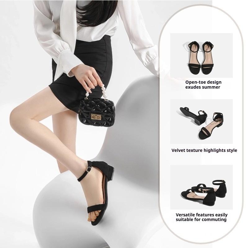 Классические замшевые туфли на толстом каблуке для женщин летние удобные сандалии с открытым носком 34 чёрный 3276₽