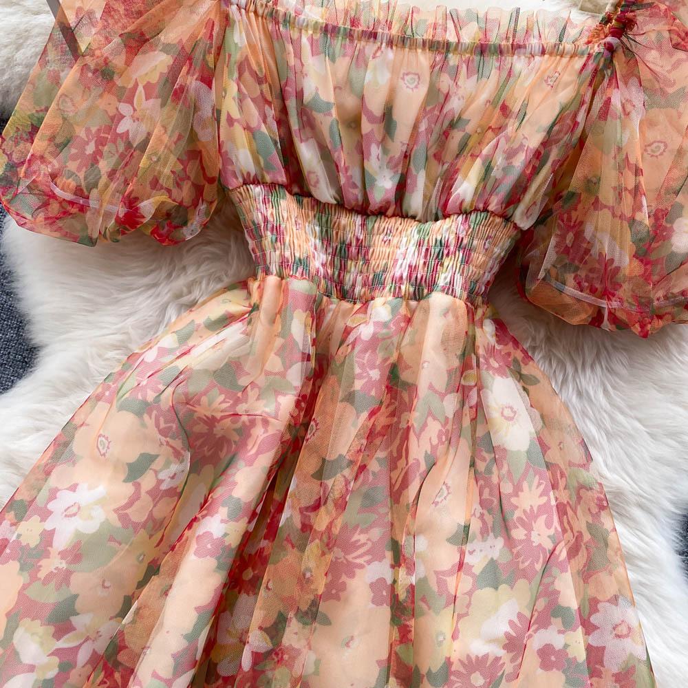 Spleise Mesh Blomstertrykk Kjole Kvinner Sommer Slank Elastisk Midje Firkantet Hals Milde Dame Søte Kjoler