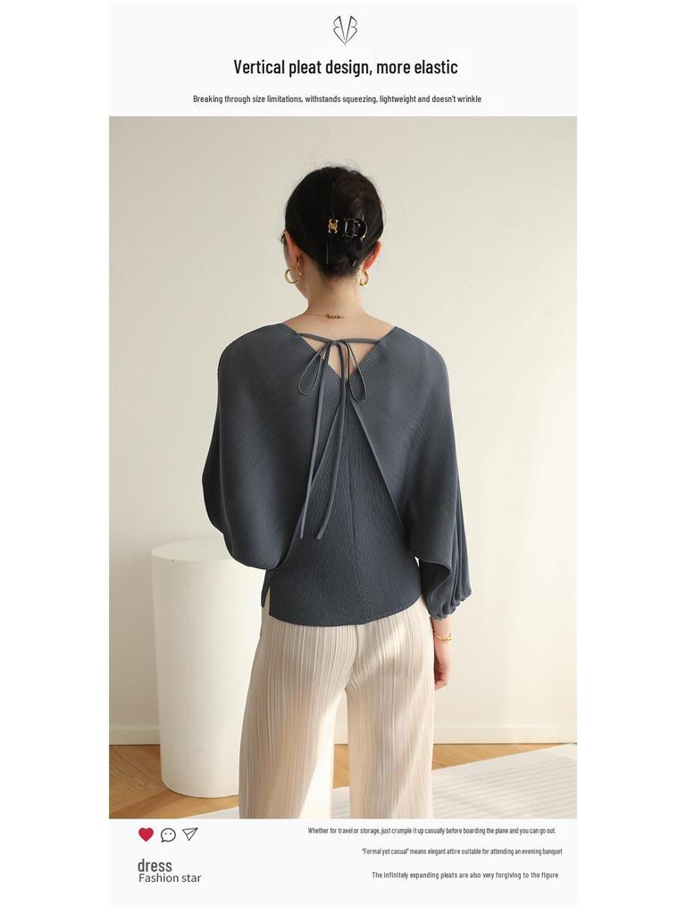 2026 Spring Miyake High-End Pleated Light Luxury Batwing Sleeve Slimming Top