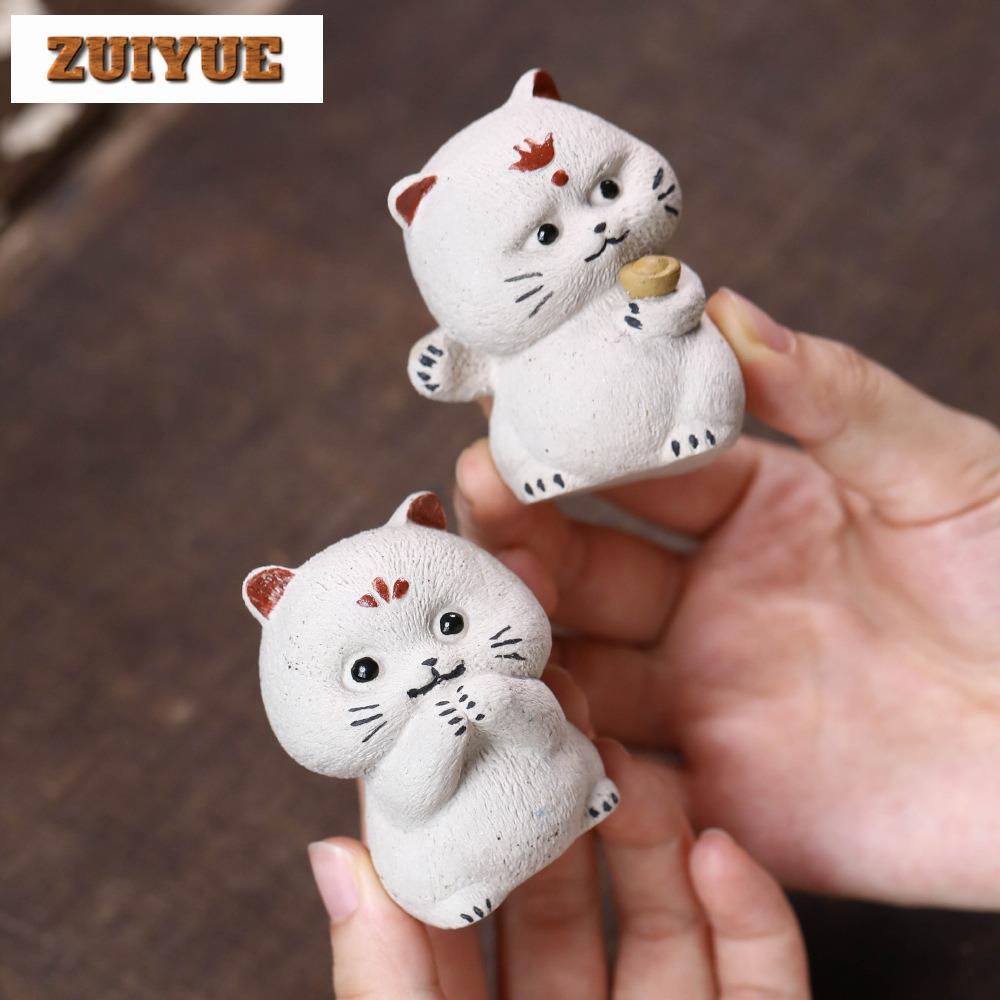 Yixing Zisha Ingot Cute Fortune Cat Tea Pet Vintage Fish Tank Landscaping Tea Figurine Play Toys Tea Statue Ornaments Supplies