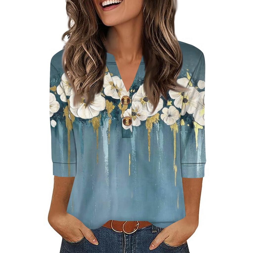 Ladies' Fashionable Casual Retro Floral Print Three-quarter Sleeve Loose V-neck Button Shirt