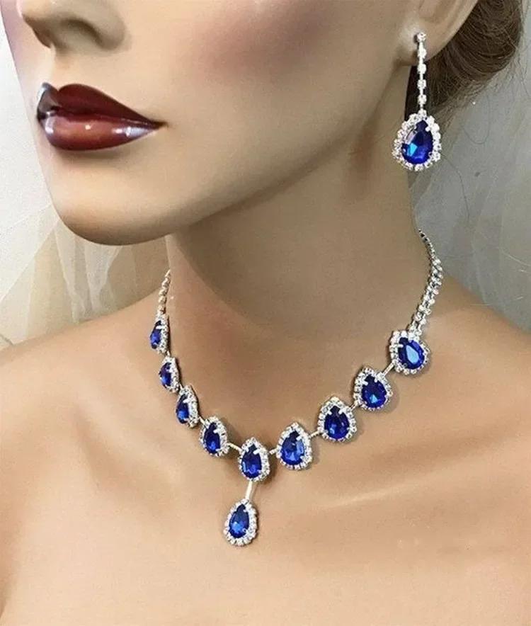 Blue Water Drop Rhinestones Necklace For Women  Inlaid Zircon Pendant Fashion Jewelry Accessory