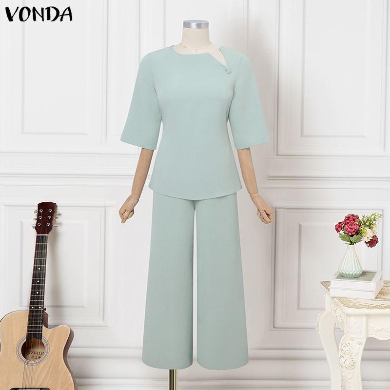 VONDA 2PCS Women 3/4 Sleeve Blouse and Pants Casual Elegant Two Piece Suit Sets