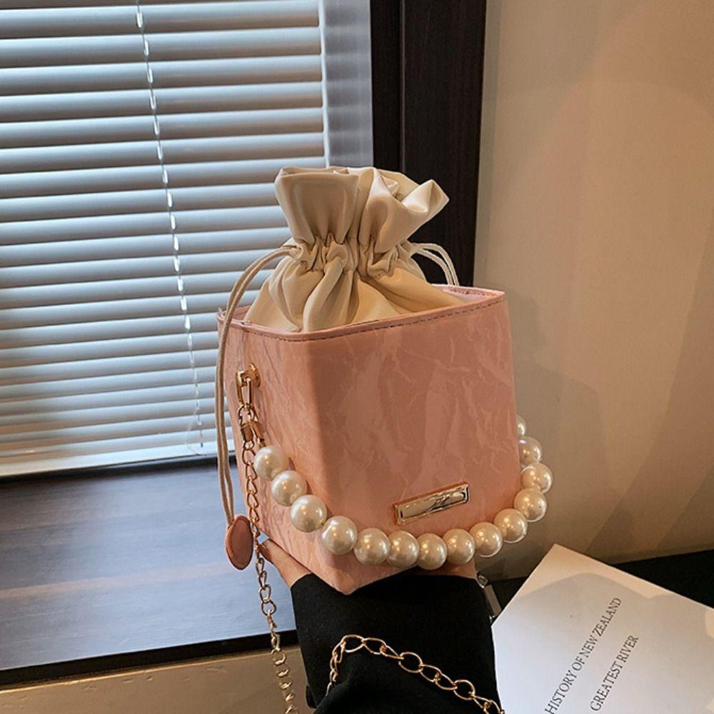 Square Drawstring Crossbody Bag Pearl Luxury Shoulder Bag Trendy Women Bucket Bag  Outdoor