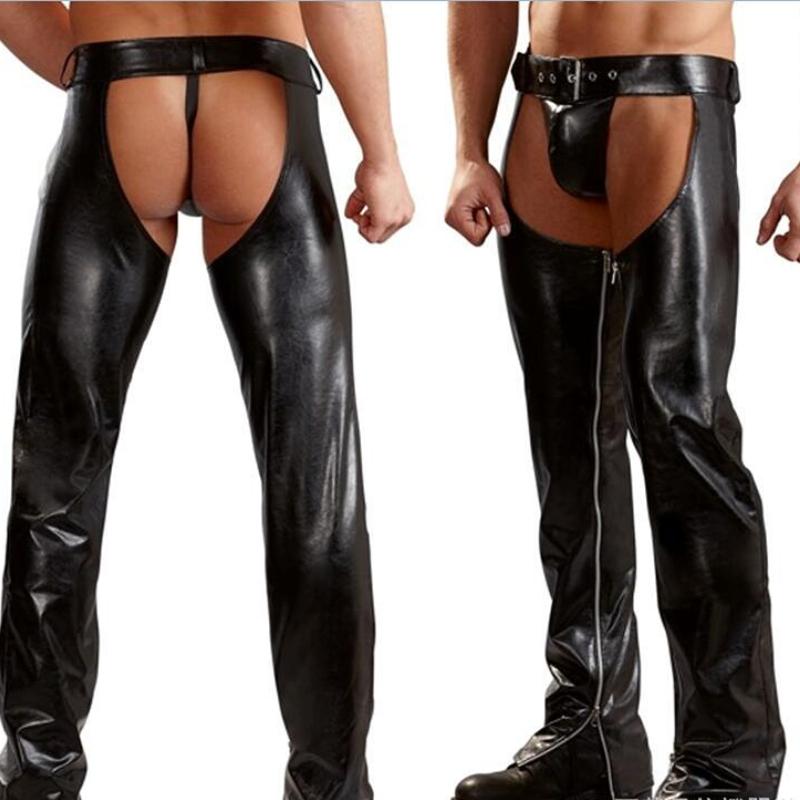 Men's Sexy Pants Sex Role-Play Buckle Belt Hollow Out Zipper Dancing Nightclub Gay Erotic Underwear