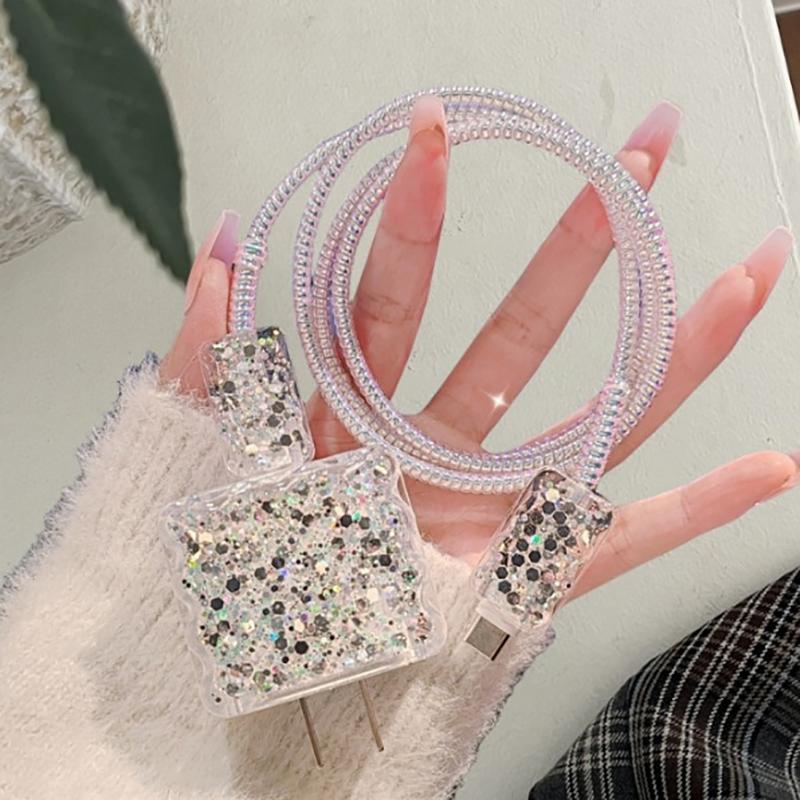 

Glitter Pink 18W/20W Phone Charger USB Cable Winder Protective Case Cover Protector Soft TPU For IPhone 13 14 15