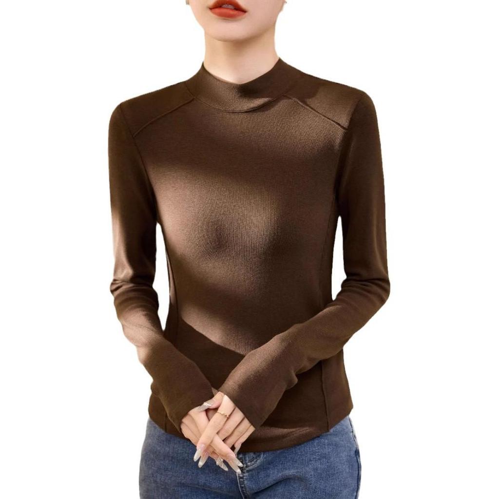 Women's Wool Blend Shirt with Half-High Collar & Long Sleeves - 2024 Autumn/Winter Style, Versatile for Layering