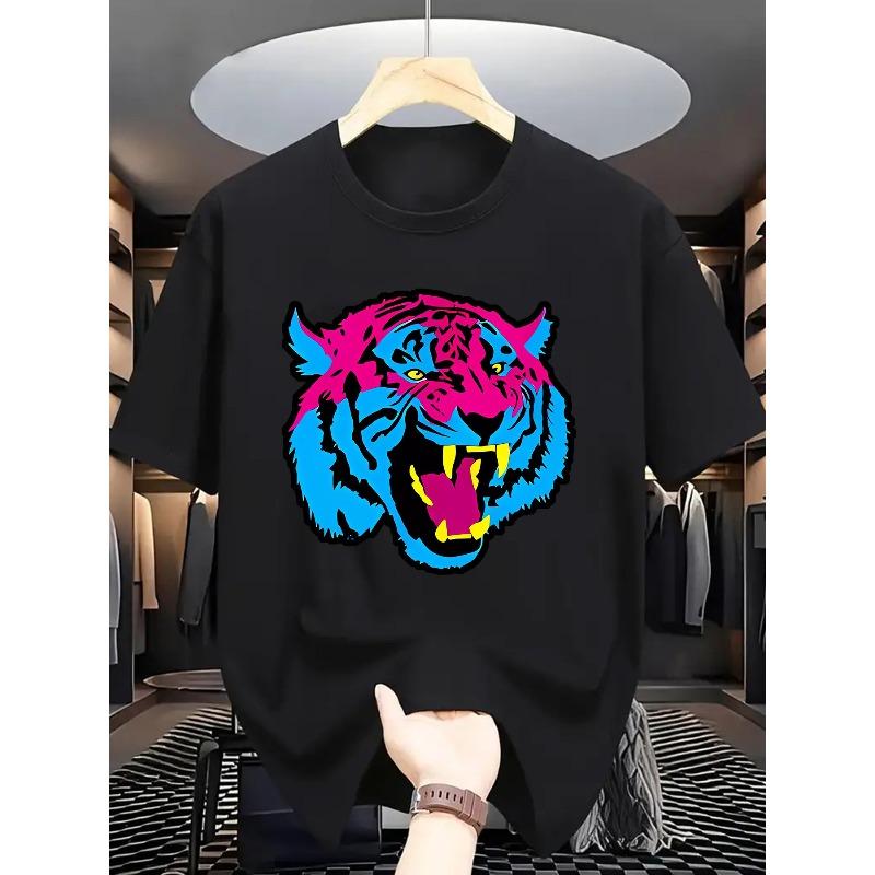 European Size 1pc Summer Fashion Tiger Print T-Shirt for Men,Casual Crew Neck Short Sleeve Tee, Knit Fabric with Slight Stretch, Regular Fit Adult Top