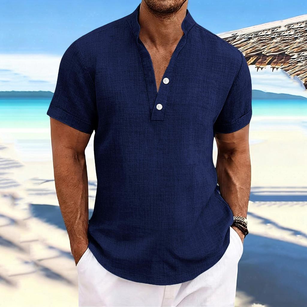 Men's Stand-up Collar, Half-open Jacket, Linen Short-sleeved Shirt