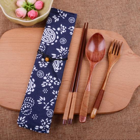 Portable Travel Chinese Style Wood Chopsticks Spoon Fork with Storage Pouch