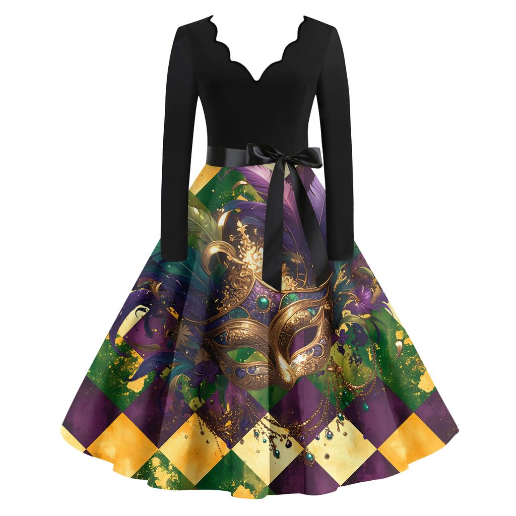 Women's Casual Fashion V Neck Long Sleeve Printed Vintage Long Dress