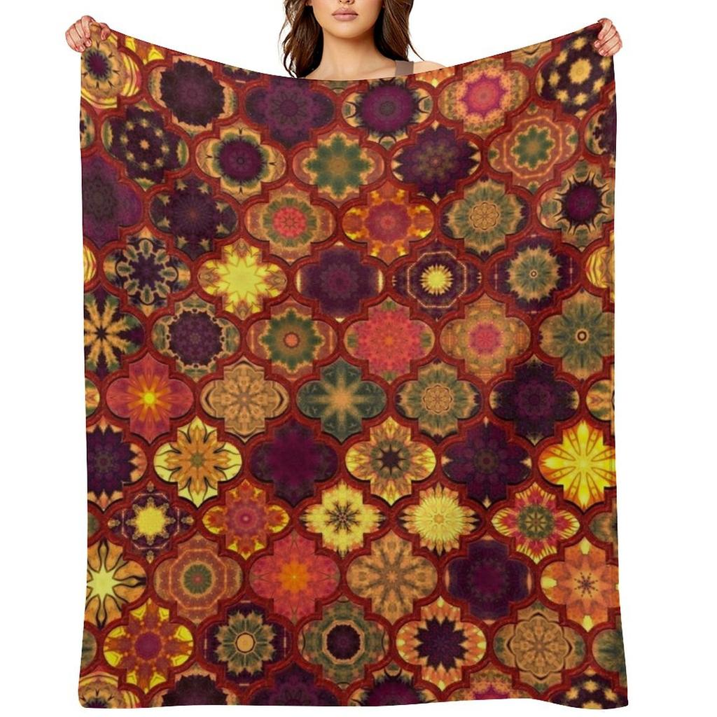 Moroccan Tile Pattern, Golden Red Throw Blanket for Winter Plaid On the Sofa Warm Luxury Designer Blankets