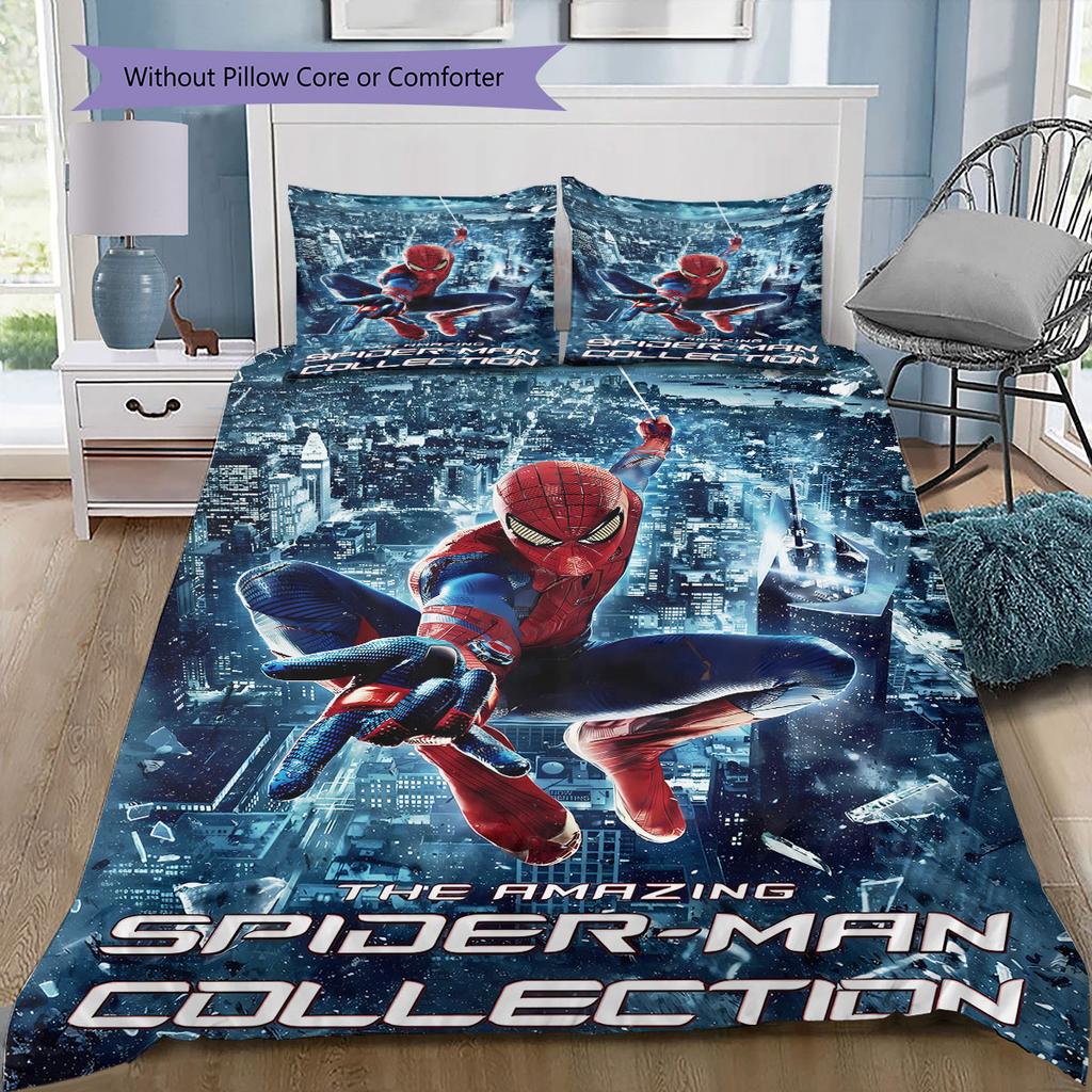 Superhero Series Spider-Man Cartoon Pattern Bedroom Three-piece Duvet Cover Bedding Set for Children.