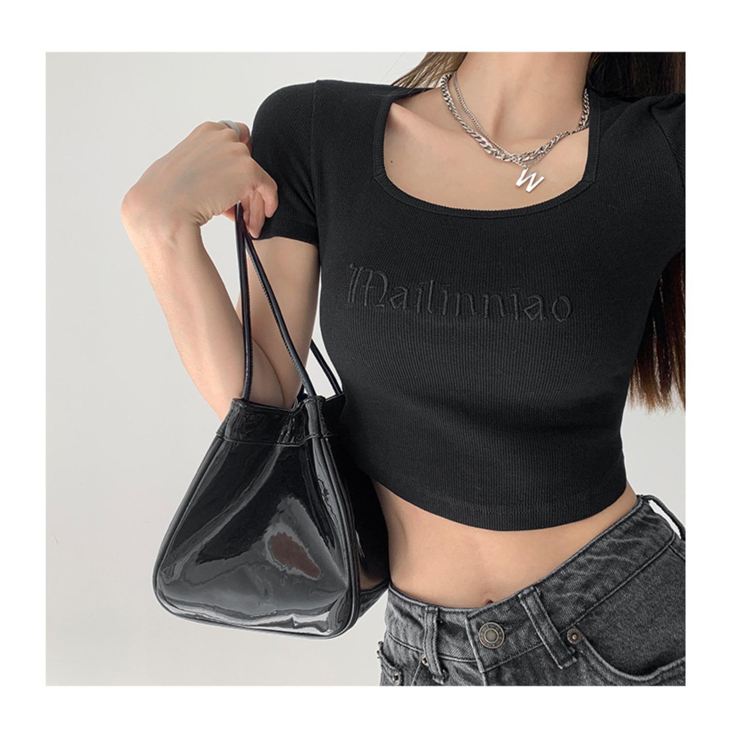 Women s Square Neck Short Sleeve Cropped Tee Letter Embroidery Slim Fit T Shirt Summer Top S