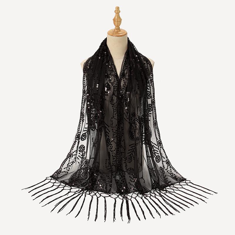 Sequin Camellia Tassels Scarf Women Luxury Shawls Woman Muslim Hijab Plain Long Cape Echarpe Femme Party Cape Tippet