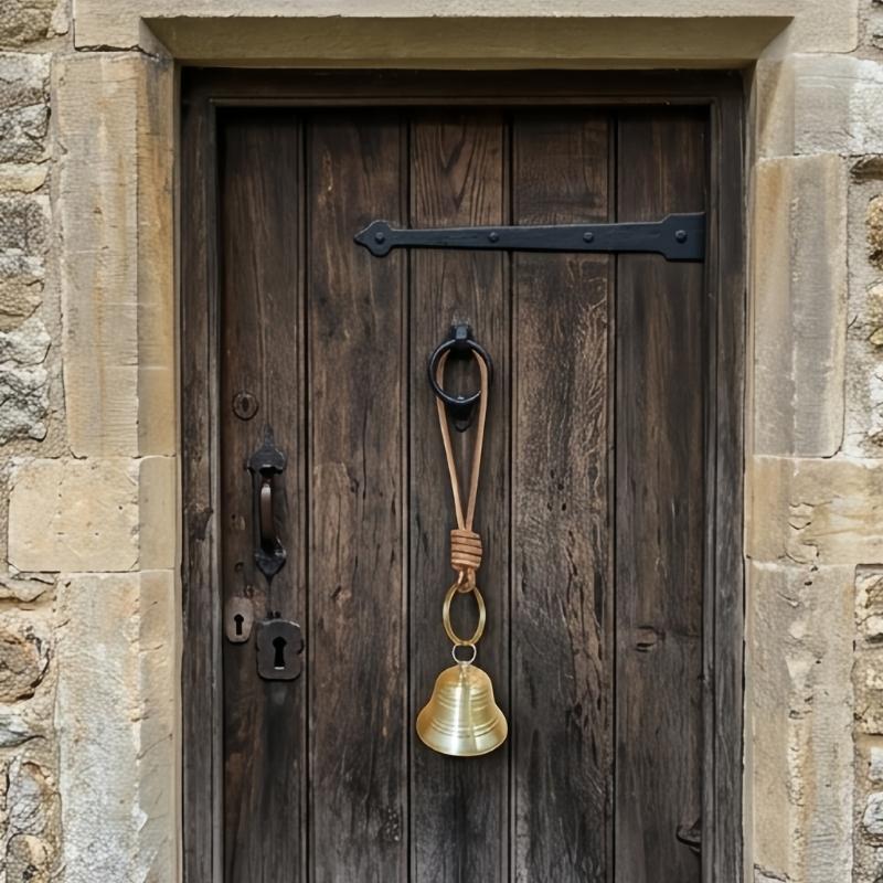 Antique Entry Door Bells Accent with Metal Tone Finish and Hanging Faux Leather Rope for Porch Decors, Hallway Styling and Shops