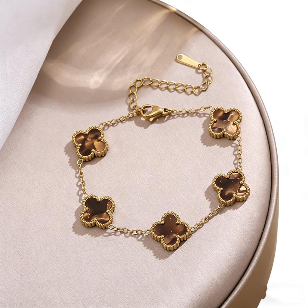 Premium Glück Titanium Stahl Vierblättriges Kleeblatt Armband & Halsketten Set - 13MM Zweiseitige Gold Schlüsselbein Kette für Eleganten Stil