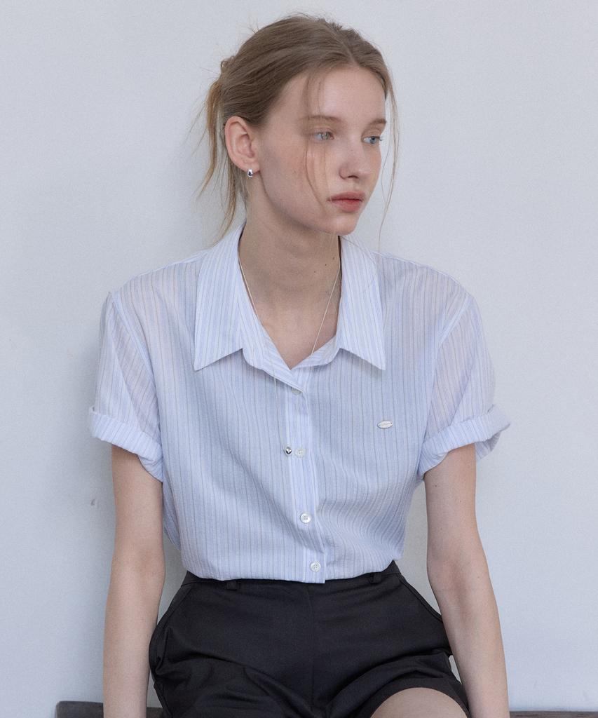OURHOPE Seersucker Striped Neckline Shirt - Sky Blue