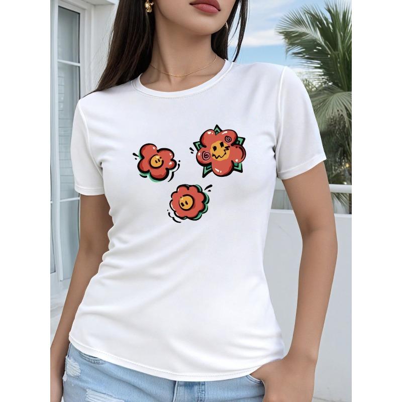 Women s 2D Geometric Cute Flower Smiling Face Print Crew Neck Short Sleeve Casual All-Season Tee S белый